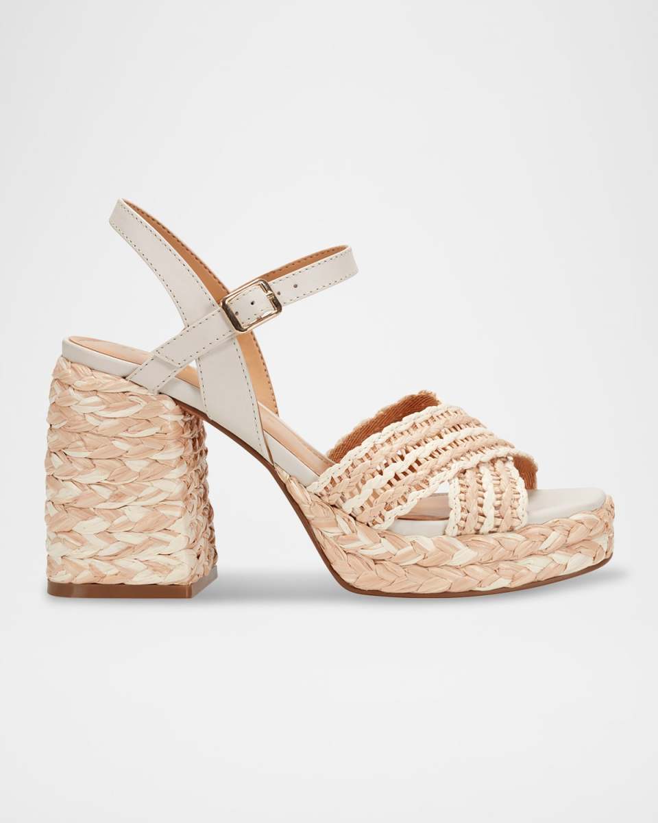 Raffia Crisscross Ankle-Strap Platform Sandals
